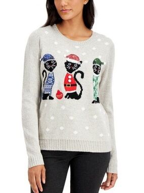 Karen Scott Women's Cats Graphic Knit Holiday Sweater in Light Gray Size 3X